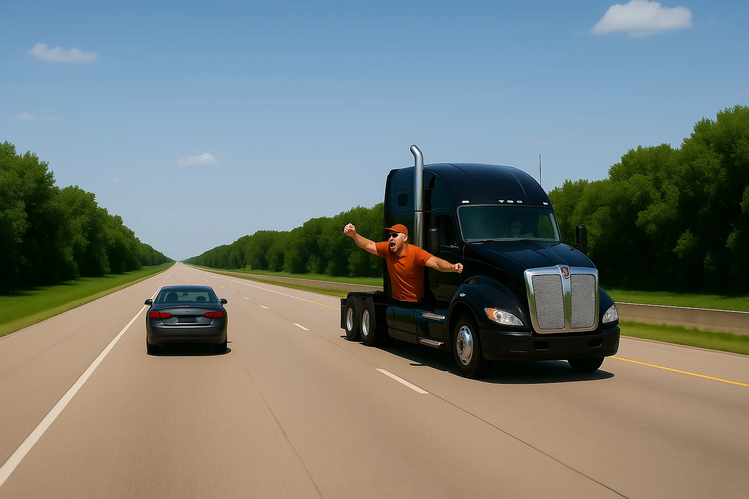 Zoom the scene out a lot farther, making the vehicles much smaller and showing a wide view of the road and landscape. Keep the black Kenworth W680 semi with chrome stack, angry bald driver in orange shirt and baseball cap, arm out the window, following a car. Scene should remain bright and vibrant. emoji