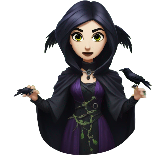 the morrigan goth woman version vines style furr robe stylish boots, perfect eyes, raven on hand, green vines decor on ground emoji