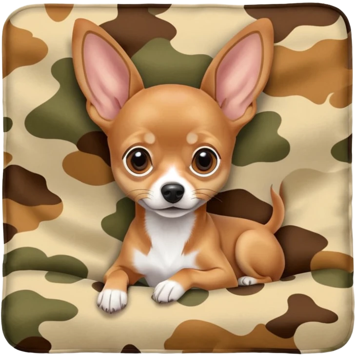 Miniature Pinscher Chihuahua mix lying on a camouflage blanket, big ears, playful look emoji
