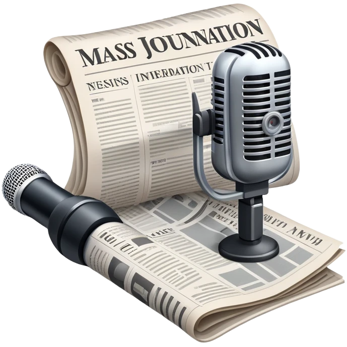 An icon featuring a microphone, a newspaper, and a camera, representing journalism and mass media. The design includes soundwaves and headlines, symbolizing the spread of information and news. Transparent background highlights the power of communication and media. emoji