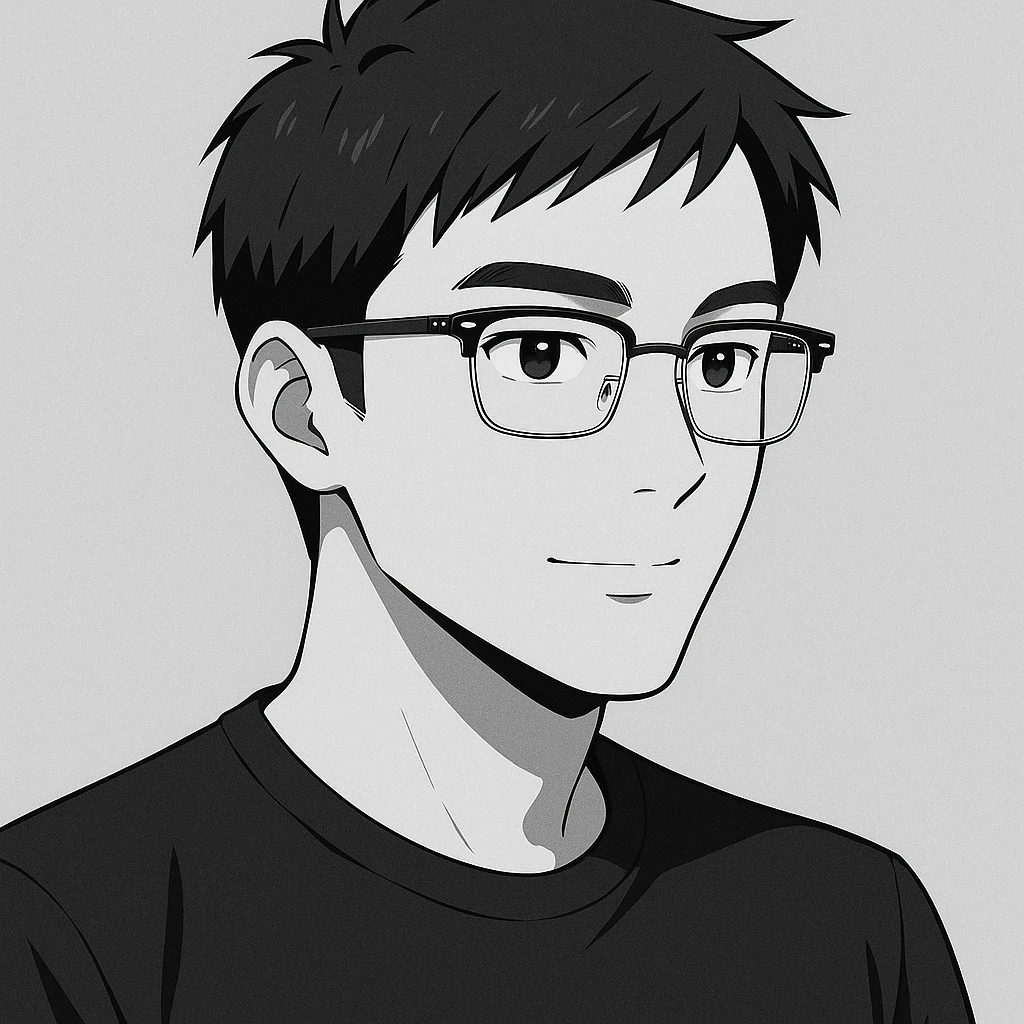 Create a half portrait in black and white anime style of an Asian male age 25, wearing Ray-Ban half frame glasses and a black t-shirt. Maintain the anime aesthetic with clear facial features and the specified accessories. emoji
