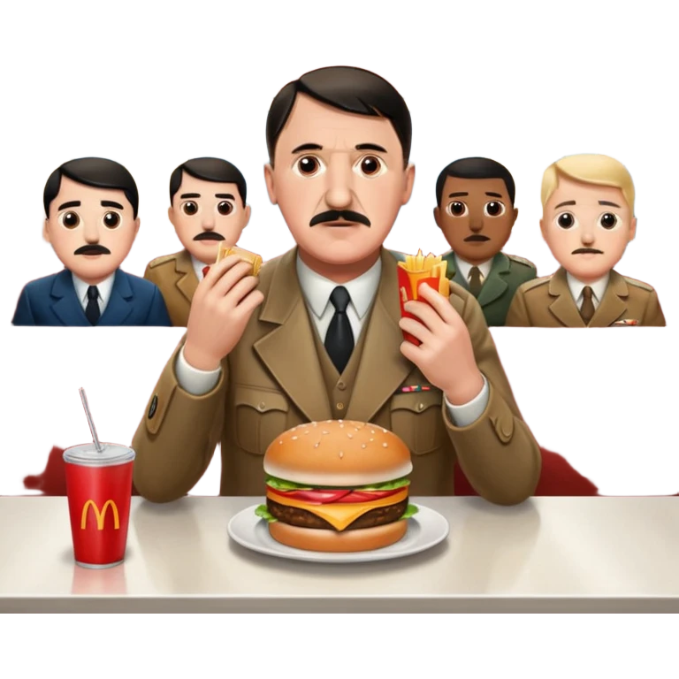 adolf hitler holding a big mac while sitting in a diner while being surrounded by his enemies  emoji