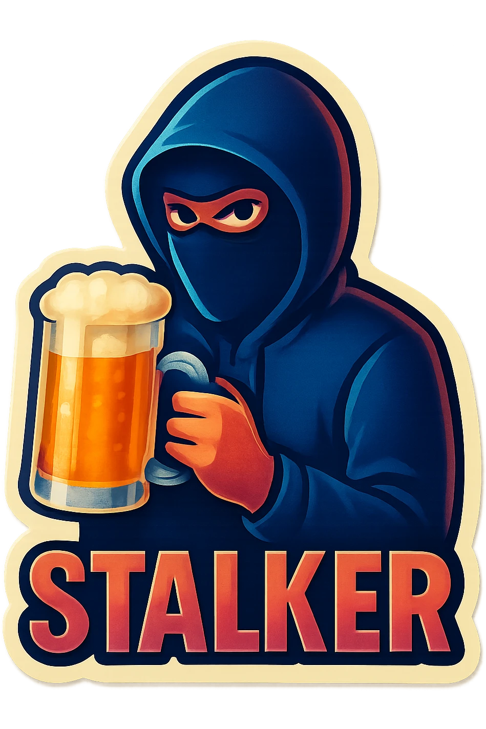 A sticker of a male stalker with a glass of beer emoji