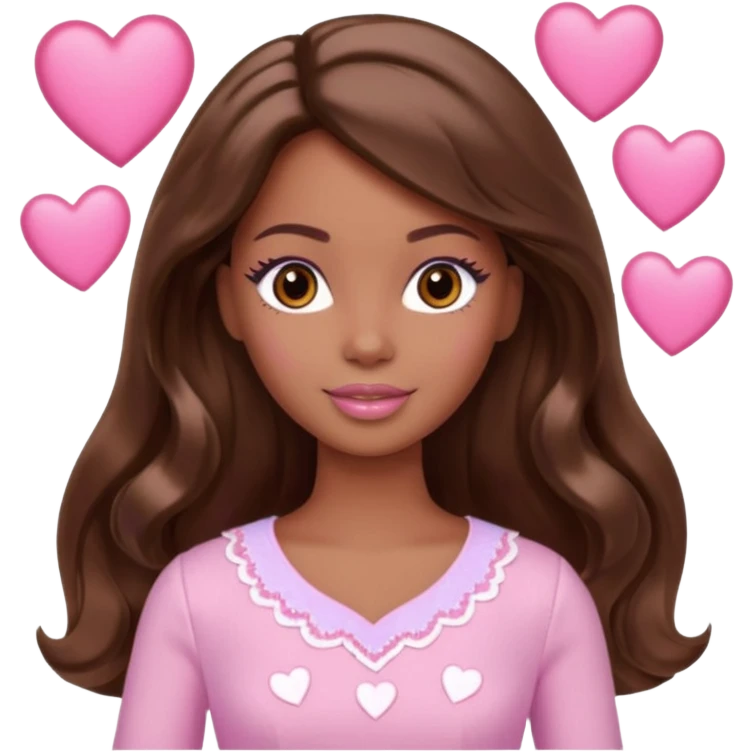 Barbie girl makeup , brown long straight wavy hair and brown eyes is In pale pink clothes There are pink hearts all around emoji