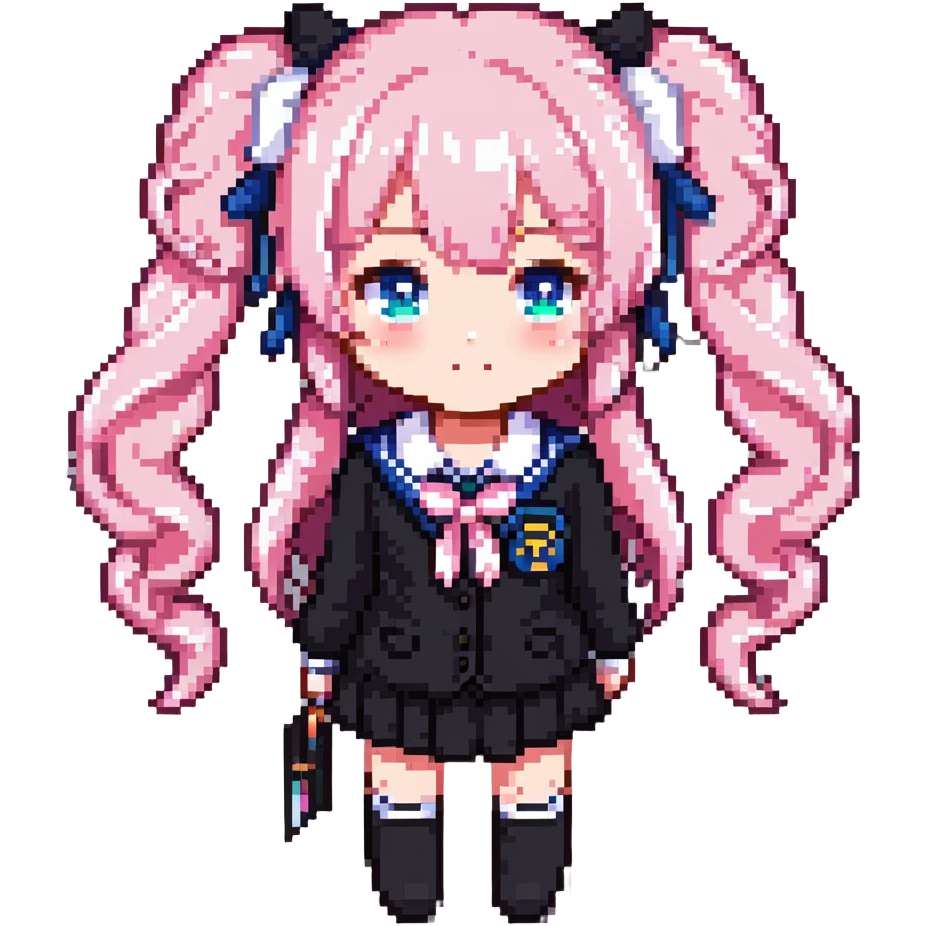 Pixel art anime girl with pink twin tails and school uniform, cute chibi style emoji