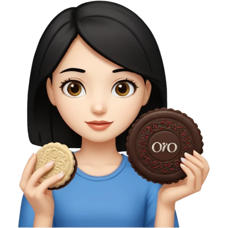 Girl with shoulder-length black hair, holding an oreo cookie in her hand emoji