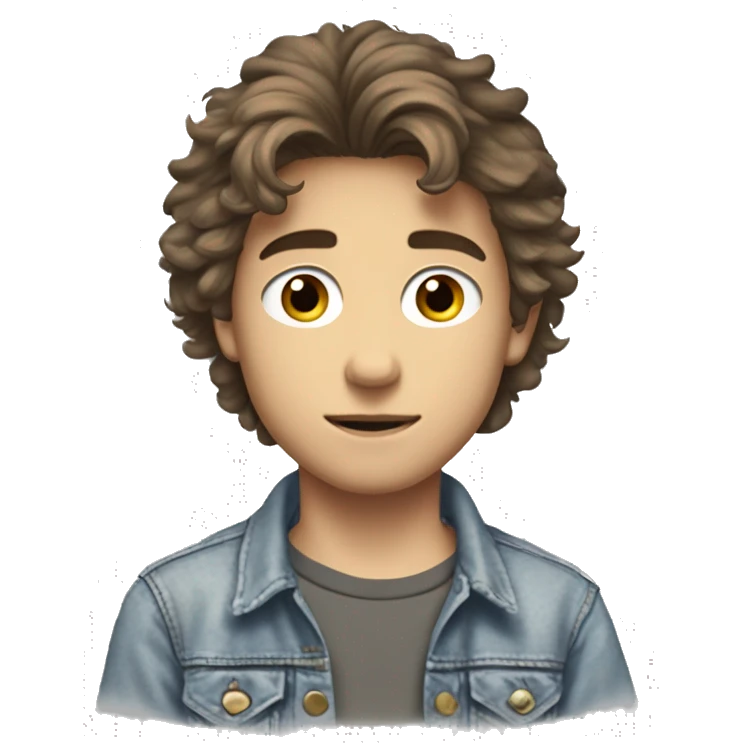 17-year-old boy in the 1980s, messy brown hair, grey eyes, lean build, wearing a faded denim jacket over a band t-shirt, with a slightly scruffy look and pensive expression.  emoji