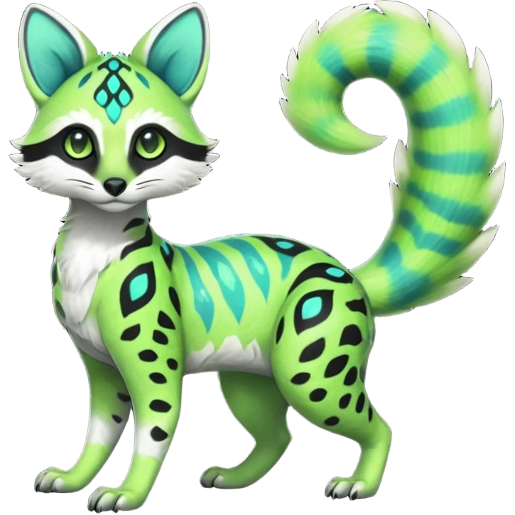 Rare realistic iridescent neon lime-green & cyan white black lush tropical exotic cute epic pretty beautiful handsome gorgeous aesthetic colorful vibrant Vernid-Protogen-Primagen-Wickerbeast-Genet-Trico-species-Fakemon-hybrid-creature by LiLaiRa, beautiful intricate markings, full body emoji