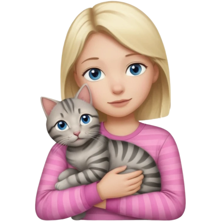 Blonde girl with blue eyes in pink shirt cuddling with grey tabby cat with dark grey stripes emoji
