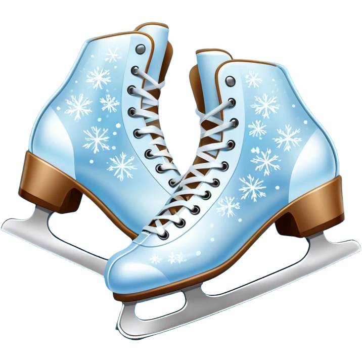 An icon showing In the background, twinkling lights, winter trees, and cheering spectators create a festive atmosphere. a pair of elegant ice skates gliding across a smooth, frozen rink with snowflakes in the air. Transparent background highlights the grace and charm of ice skating. emoji