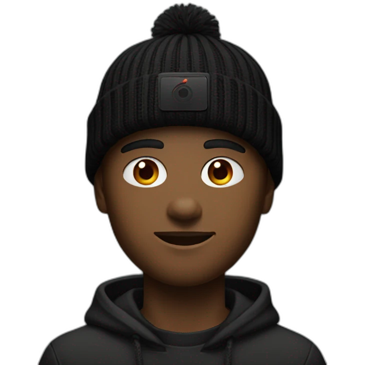 A 19 year old guy, in a beanie, wearing the apple vision pro, in a black outfit with dark red accents emoji