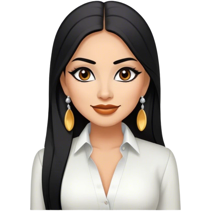 beautiful woman boss, with long straight black hair, with make up, black eye liner, smile, mexican, brown skin, wearing beautiful sexy outfit and white earings, she stand up,  emoji