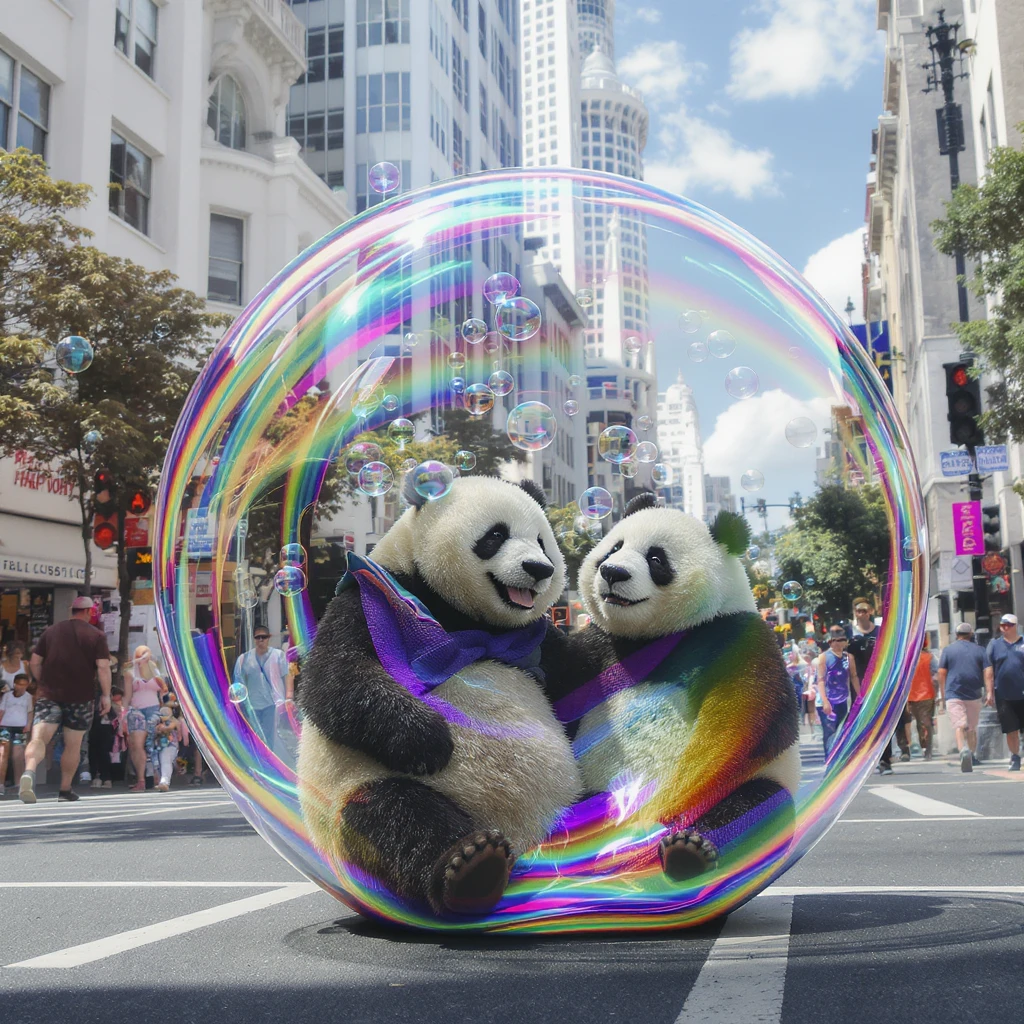 Cinematic still pandas bears sitting inside bubbles flying around San Francisco downtown, sunny summer day, happy vibe, colorfull surround, rainbow emoji