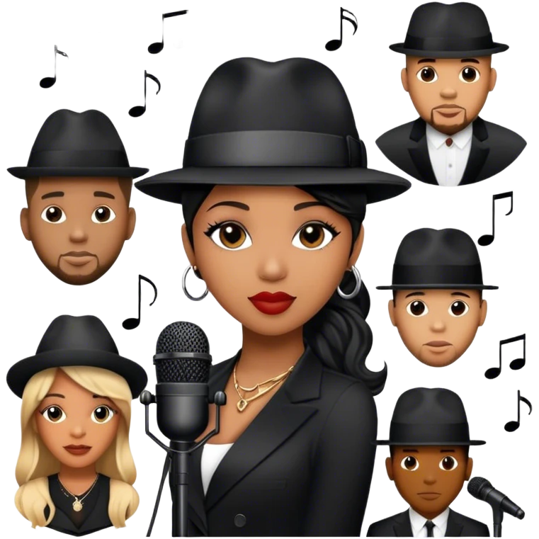 Icon for R&B Music: collage of R&B artists—Victoria Monét, Summer Walker, Usher, Chris Brown, and Muni Long. Each represented by a silhouette or symbolic item like a microphone, fedora, or music notes, reflecting the soul and energy of R&B. Transparent background. emoji