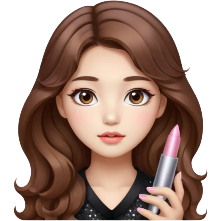 “korean brown hair Emoji girl, soft eyeliner and blush, gradient lips, light brown shimmer eyeshadow, sparkly aegyo-sal, long wavy hair,  emoji
