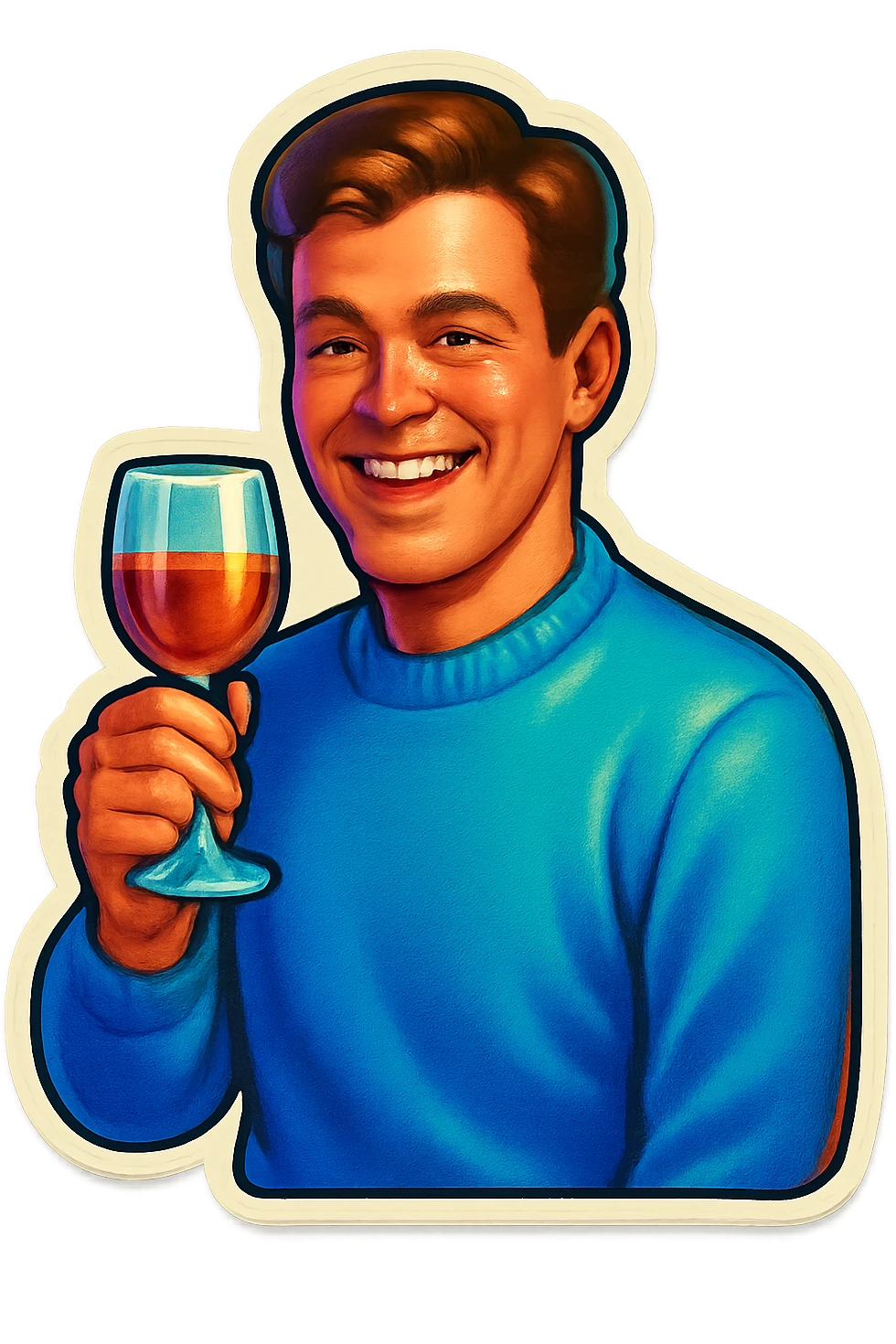 A sticker of a male friend with a glass of wine, smiling emoji