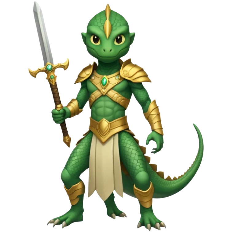 full body reptilian humanoid in ancient outfit holding a gold sword heroic pose emoji
