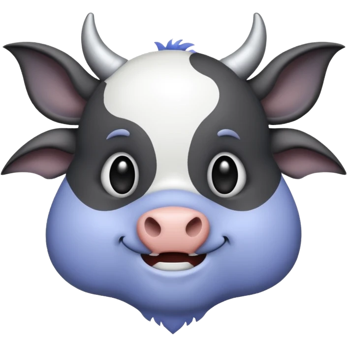 cow and bat hybrid emoji with dark grey, light grey, white, and periwinkle colors, bold shapes, high contrast, easily visible for Discord and Slack emoji