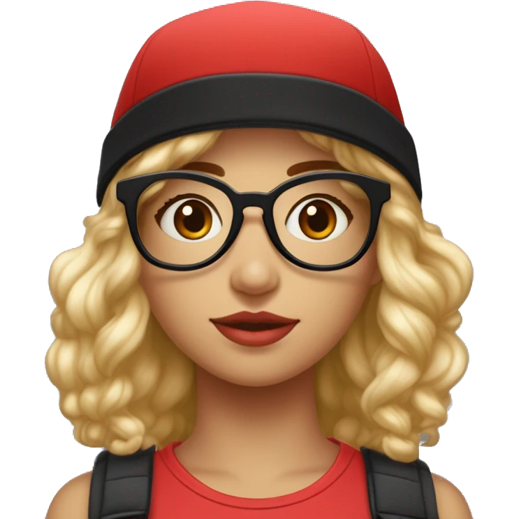fille avec les cheveux noir avec les cheveux lisseavec une casquette rouge et une paire de lunette ronde, elle a les yeux plus petit que la norme et elle est mignonne, elle a la peau blanche  emoji
