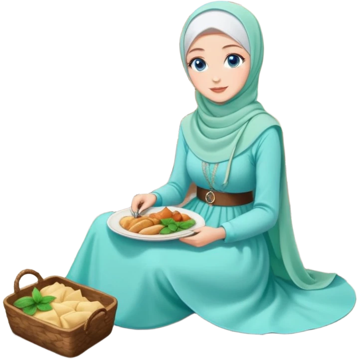 Turkish beautiful finish Konya girls blue eyes with lovely mint hijab long tail dress and the two friends sits on the chair on the ground and eating the food in the restaurant  emoji