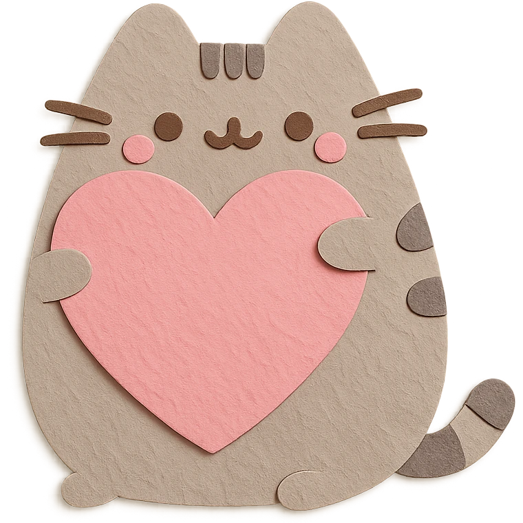 Pusheen hugging a big heart, pastel colors, adorable, paper craft style emoji
