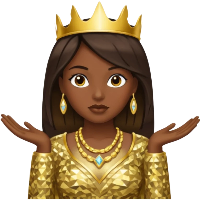 Bilquis from American Gods with dark skin, dark brown hair, gold outfit emoji