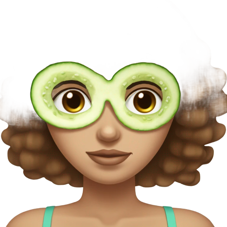 Girl with white skin brown hair freakles and blue eyes wears a green hydratating skin care mask plus on her eyes pickle cuts emoji