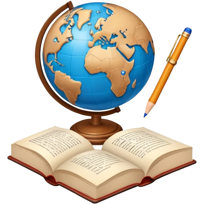 An icon featuring a globe with speech bubbles in different languages, symbolizing the study of foreign languages. The design includes a book and a pencil, representing learning and communication across cultures. Transparent background highlights the global nature of language education. emoji