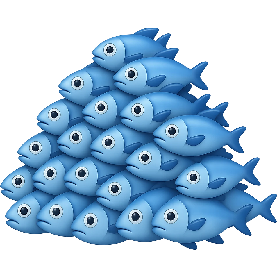 Create a large, loosely pyramid-shaped pile of blue fish in the style of iPhone Apple emojis, blending between 2D and 3D appearance, with a transparent background, variation 2. emoji