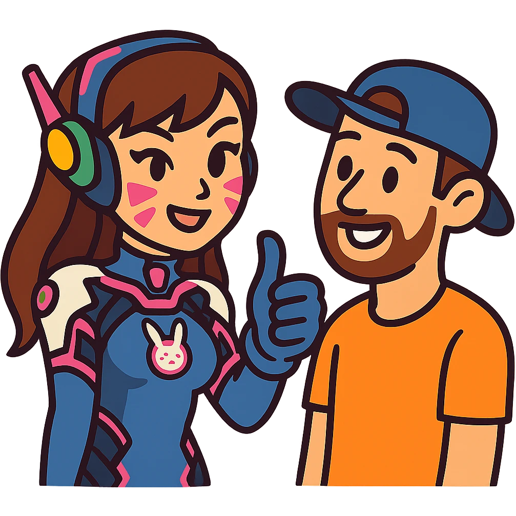 a cute Overwatch character like D.Va giving a thumbs-up to a casual player emoji