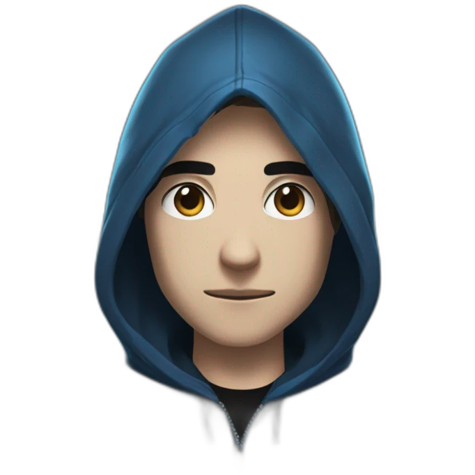 Boy brown developer left side behind his laptop with this style: Valorant Riot Game blue character blue black hooded hacker  emoji