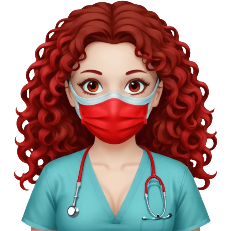 Lilith symbol seductress long curly hair evil surgeon.  brown hair. Red surgical mask.  covering. She works for cartel and kills  with a scalpel. Sexy surgeon outfit emoji