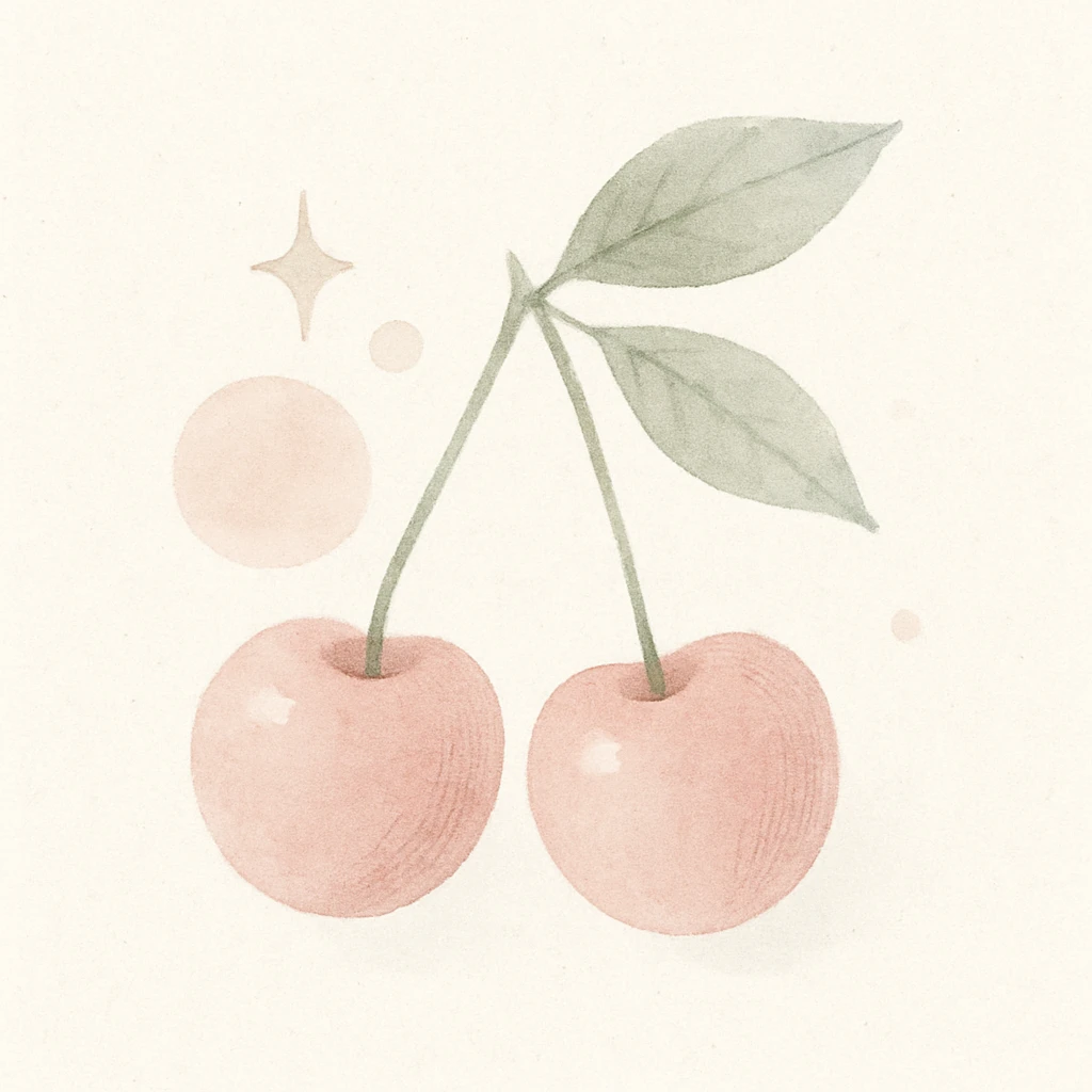 two cherries with green leaves connected by stems, watercolor style with soft edges, delicate hatching, pink circles and sparkles around, similar to the reference image emoji