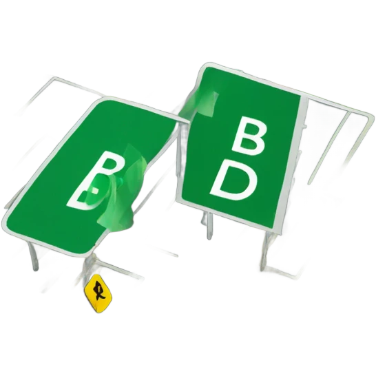Green road sign with yellow colored letter "B100" emoji