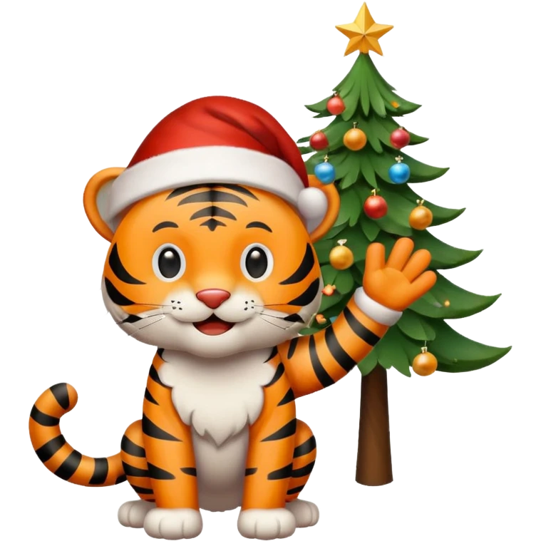 Happy tiger waving by a Christmas tree wearing a Santa hat emoji
