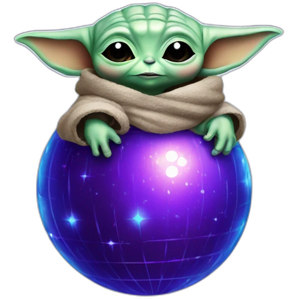 Baby yoda hugging a blue and purple disco ball emoji