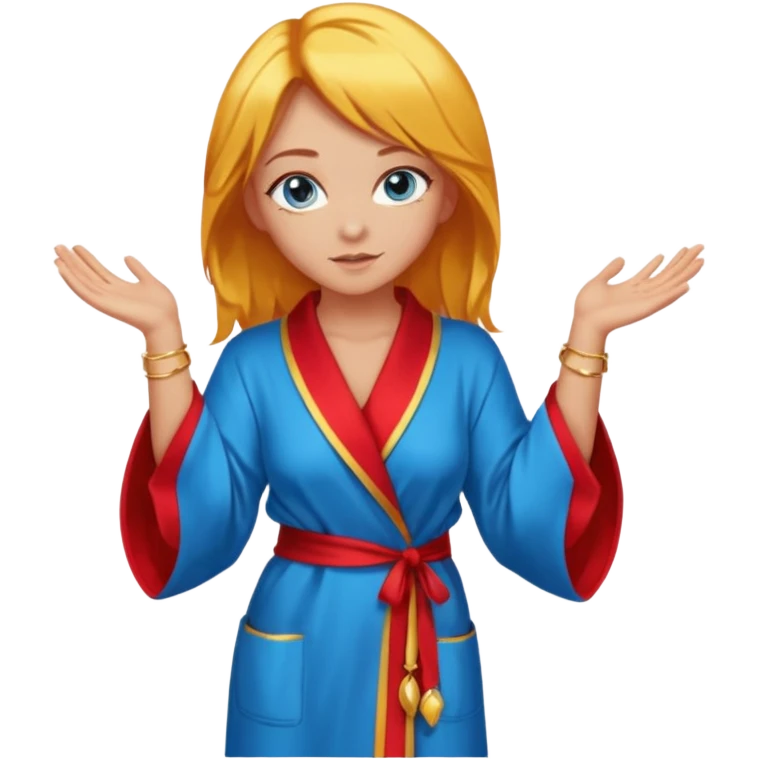 lightly tanned skin, blue eyes, cute and sexy girl with bright yellow-brown hair in a few shades of red robe, golden rings, slight cute makeup, full body, slightly turned aside pose, hands hidden behind back emoji