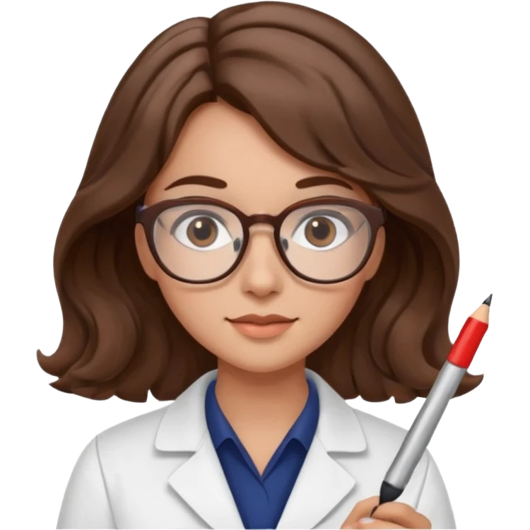 young women pharmacist studying science, wavy hair, with a pen and glasses emoji
