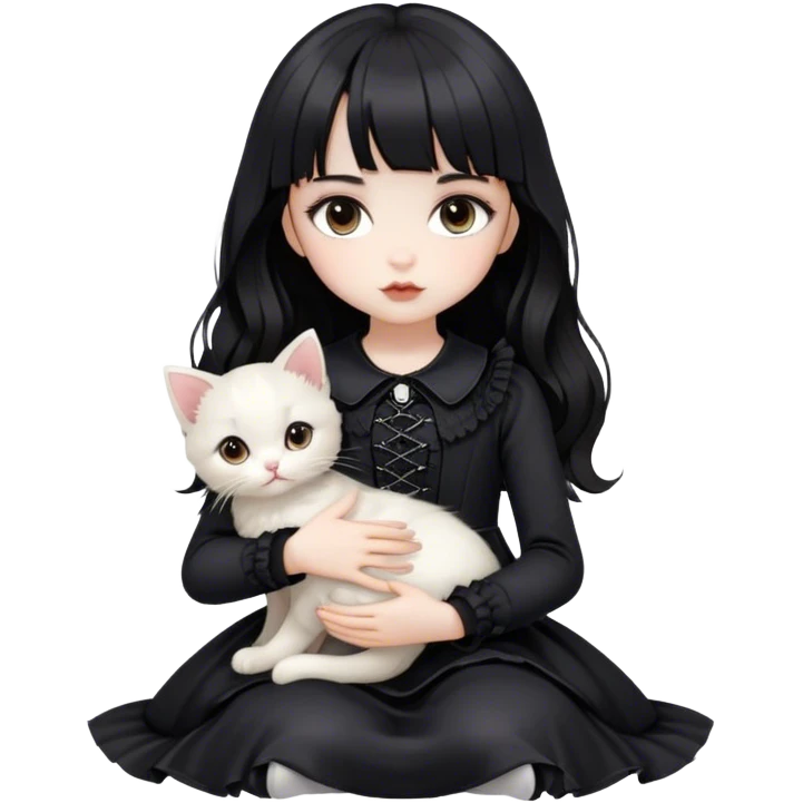 a pale white doll girl with medium wavy black hair and bangs with brown eyes wearing black gothic clothes with a white kitten on her lap emoji