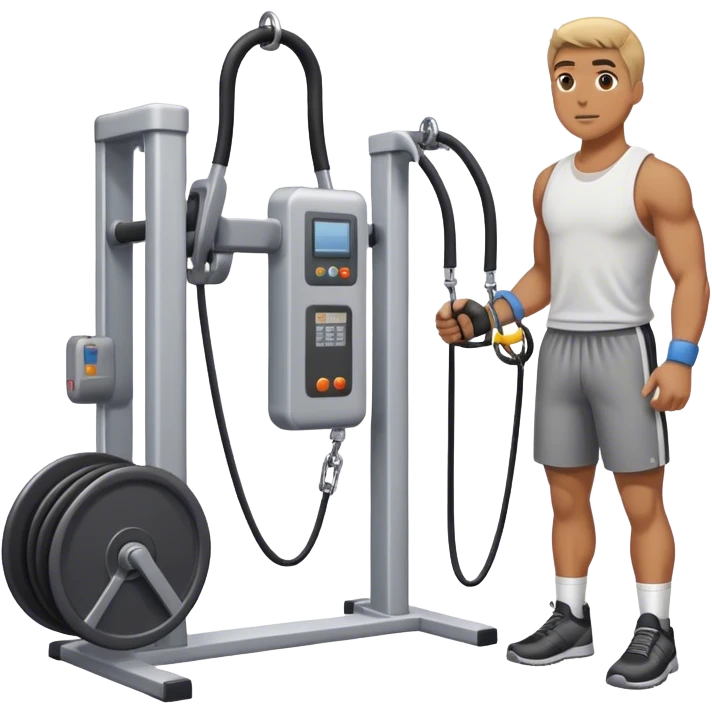guy standing next to cable-machine with cable tied to ankle cuffs emoji