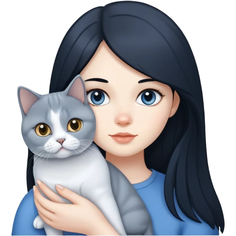 A girl with long black hair is holding a blue and white British shorthair emoji