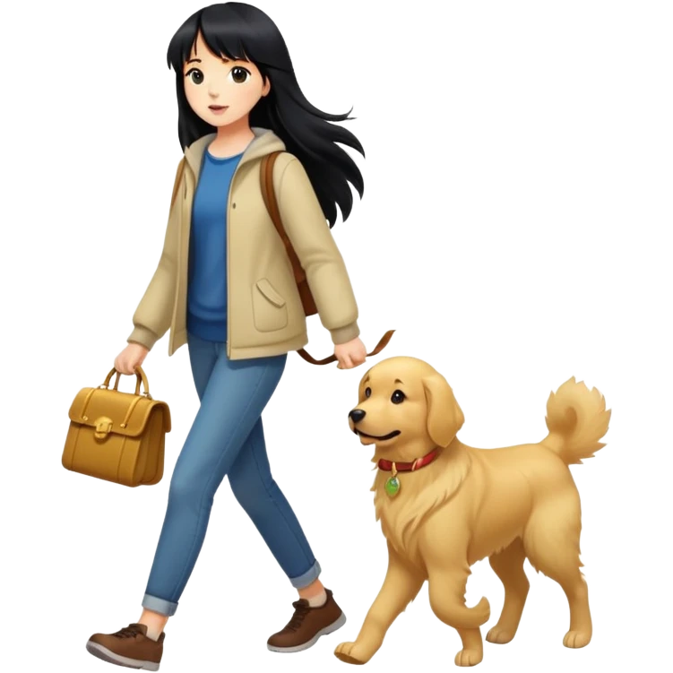 A girl with long black hair and bangs walking with a golden retriever emoji