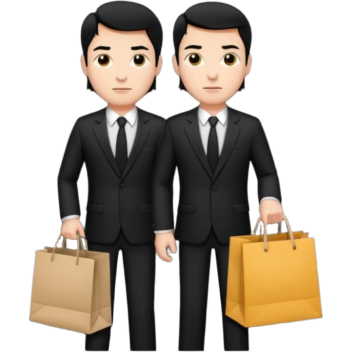 elegant serious man black hair in a black suit with clothing shopping bag emoji