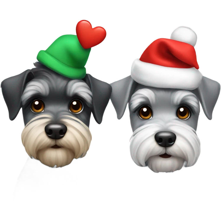 2 miniature schnauzers, 1 grey and 1 black, wearing Christmas hats with a heart emoji