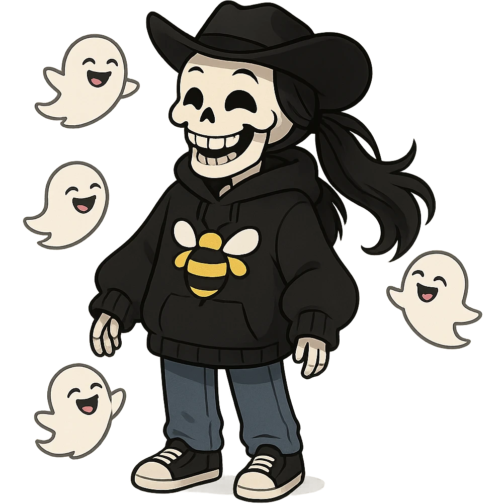 a joyful skeleton wearing a bee-themed black oversized hoodie, long flowing black hair in a ponytail under a simple black cowboy hat with a spider keychain, chuckling expression with joyful eyes, blue jeans, hands barely out of sleeves, black and white tennis shoes, surrounded by small laughing ghosts emoji