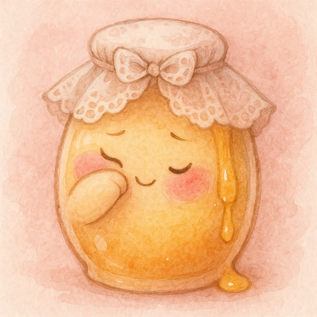 bashful honeypot with rosy cheeks, delicate lace veil, tiny smile, hiding behind its arm, honey softly dripping, blush pink color palette emoji