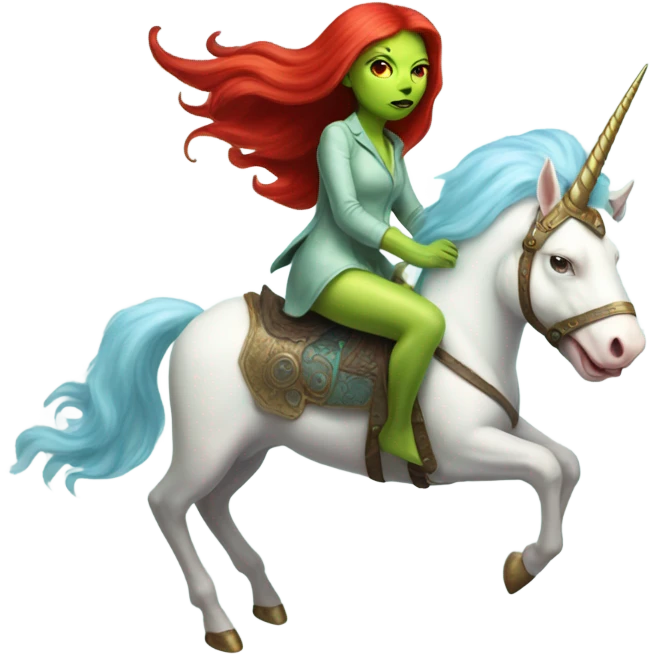 [politically incorrect
	{ woman: alien, color: light green, hair:red, eyes:cat} ]
	on a 
	[{ unicorn: white, legged:four, mane: light blue }] emoji