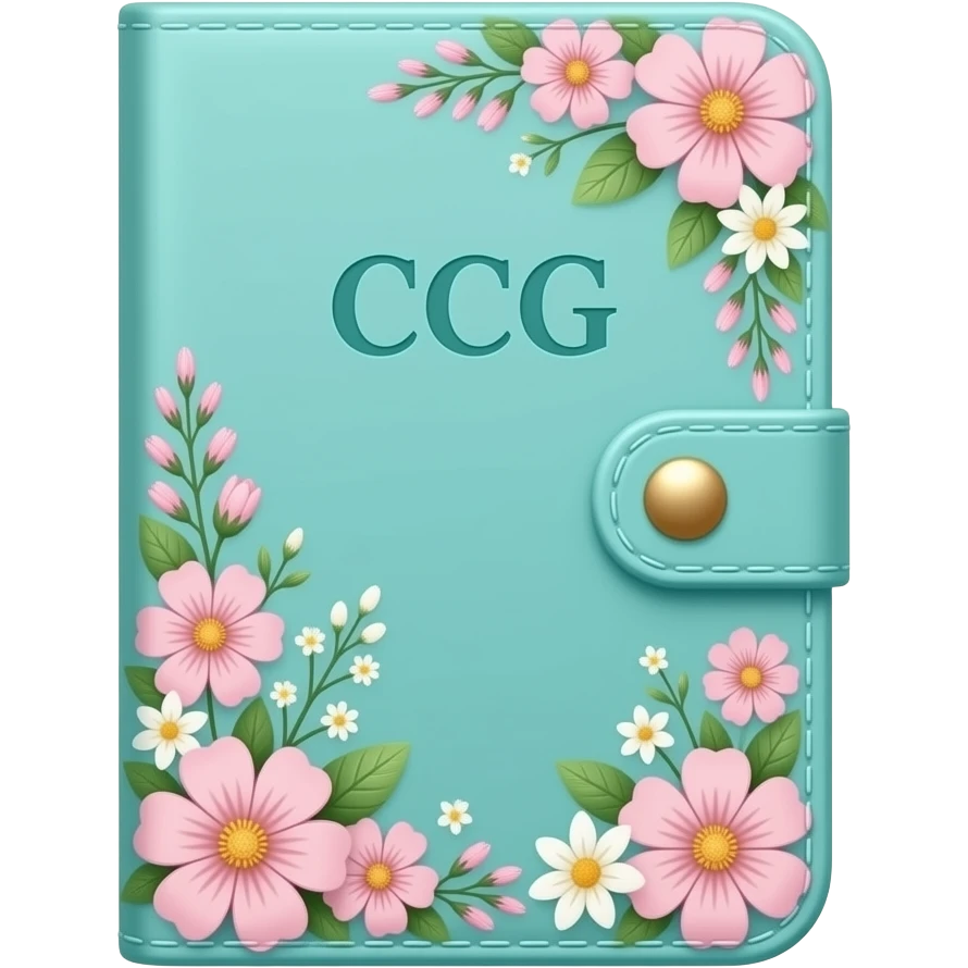feminine aqua-colored journal with flowers on the cover and the initials CCG emoji