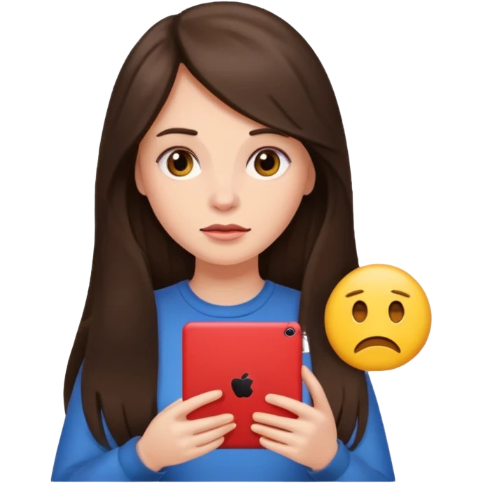 bored brunette  with long hair holding iPad emoji emoji