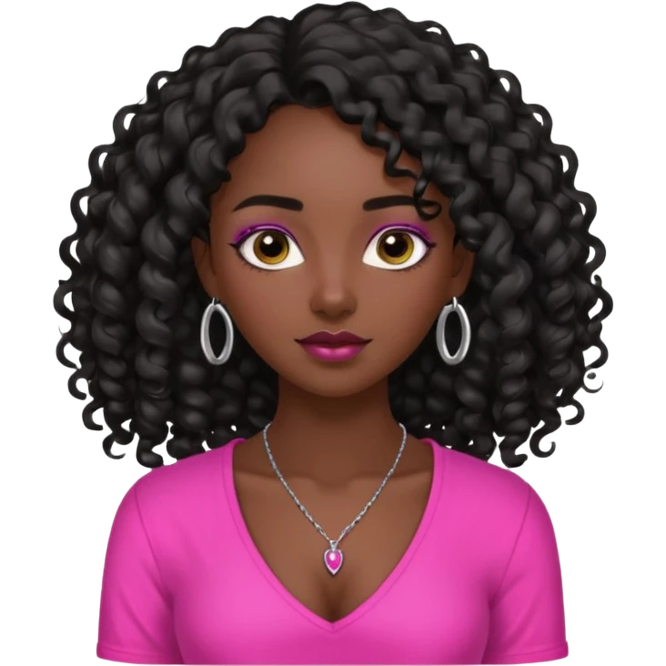 Dark skin girl with long black curly hair with 4 edges 2 on each side wearing a hot pink v-cut neckline shirt with a simple silver necklace emoji